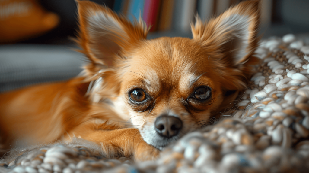 Ein Chihuahua schaut in die Kamera und liegt in einem Hundekörbchen.