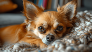 Ein Chihuahua schaut in die Kamera und liegt in einem Hundekörbchen.