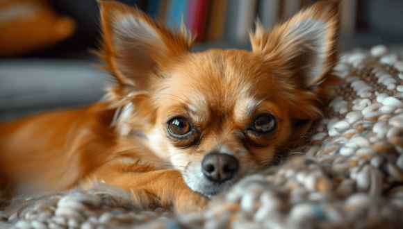 Ein Chihuahua schaut in die Kamera und liegt in einem Hundekörbchen.