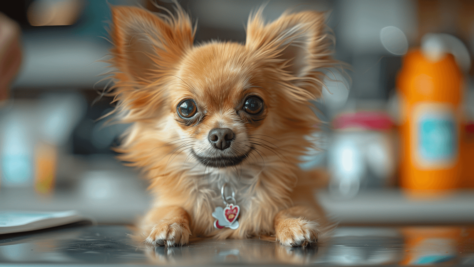 Ein Chihuahua mit Hundemarke liegt auf dem Boden und schaut nach vorne.