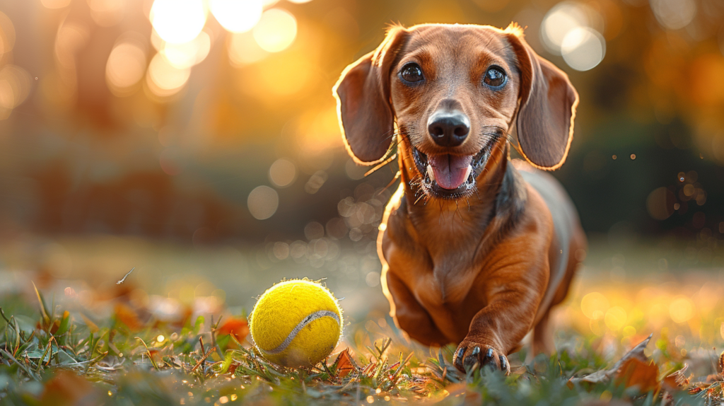 Ein Dackel jagt einen gelben Tennisball draußen auf dem Rasen.