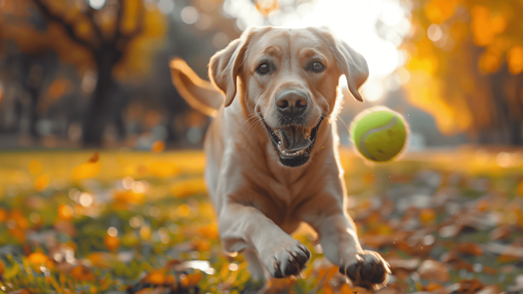 Ein heller Labrador Retriever jagt draußen einen Tennisball.