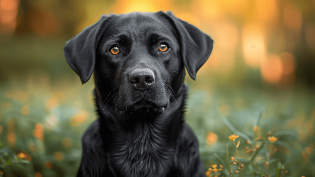 Eine Nahaufnahme eines schwarzen Labrador Retrievers draußen auf dem Rasen.