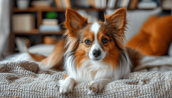Ein Papillon mit Braun-Weißen Fell liegt auf einer beigen Decke und schaut nach vorne.