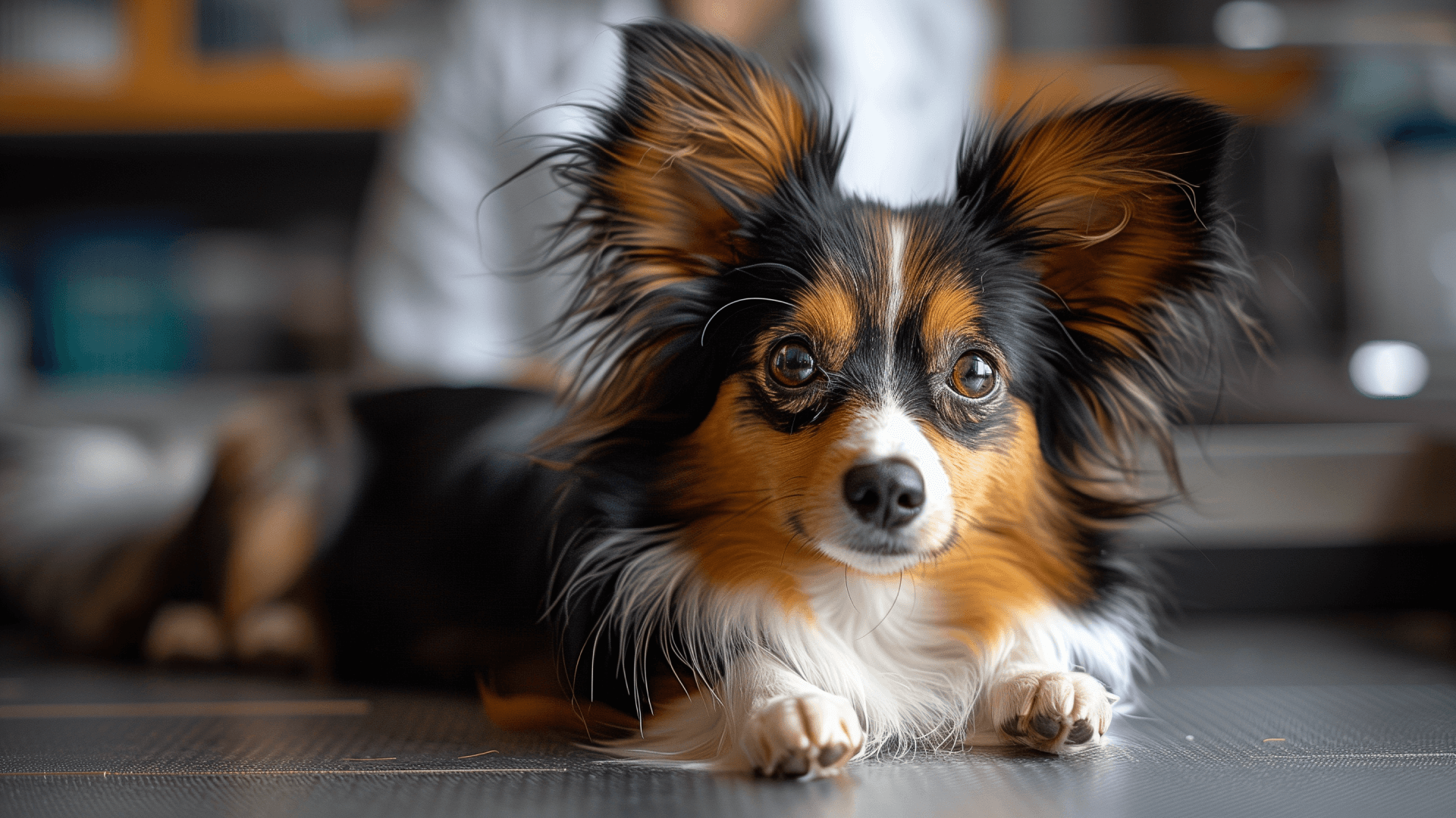 Ein schwarz-braun-weißer Papillon liegt im Zimmer auf dem dem Boden und schaut nah vorne.