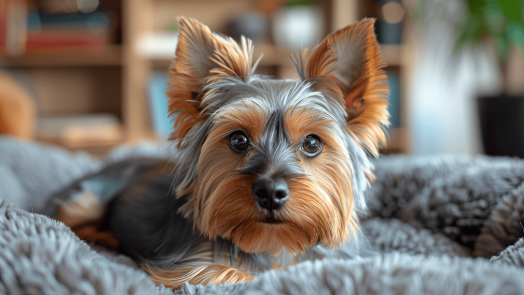 Ein Yorkshire Terrier in einen grauen Hundekorb.