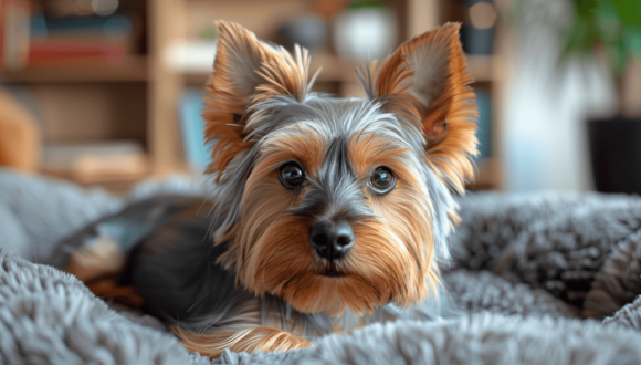 Ein Yorkshire Terrier in einen grauen Hundekorb.