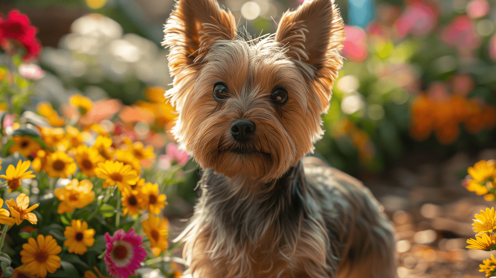 Ein Yorkshire Terrier steht draußen in einem Blumenbeet und schaut nach vorne.